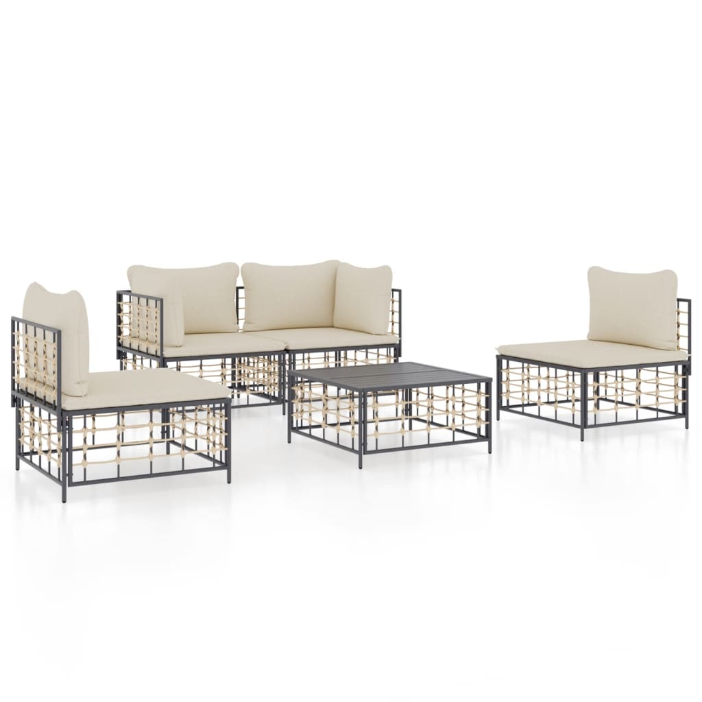 5-Delige Loungeset Met Kussens Poly Rattan Antracietkleurig