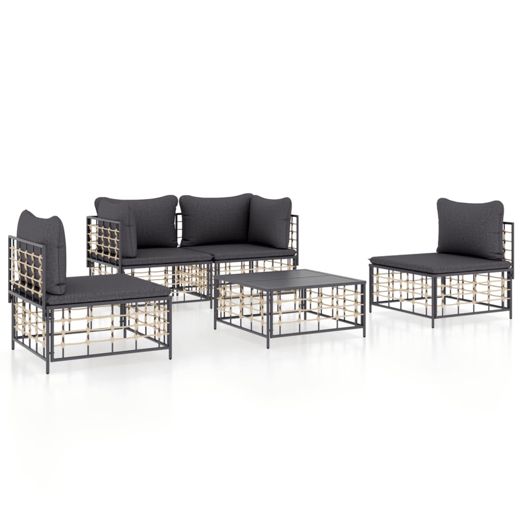 5-Delige Loungeset Met Kussens Poly Rattan Antracietkleurig Donkergrijs 2x hoek + 2x midden + Tafel