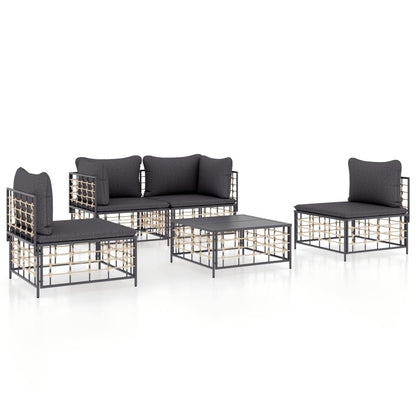 5-Delige Loungeset Met Kussens Poly Rattan Antracietkleurig Donkergrijs 2x hoek + 2x midden + Tafel