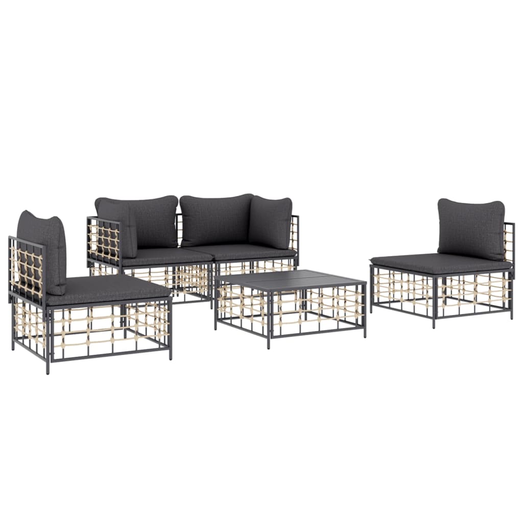 5-Delige Loungeset Met Kussens Poly Rattan Antracietkleurig Donkergrijs 2x hoek + 2x midden + Tafel