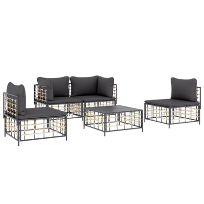 5-Delige Loungeset Met Kussens Poly Rattan Antracietkleurig Donkergrijs 2x hoek + 2x midden + Tafel
