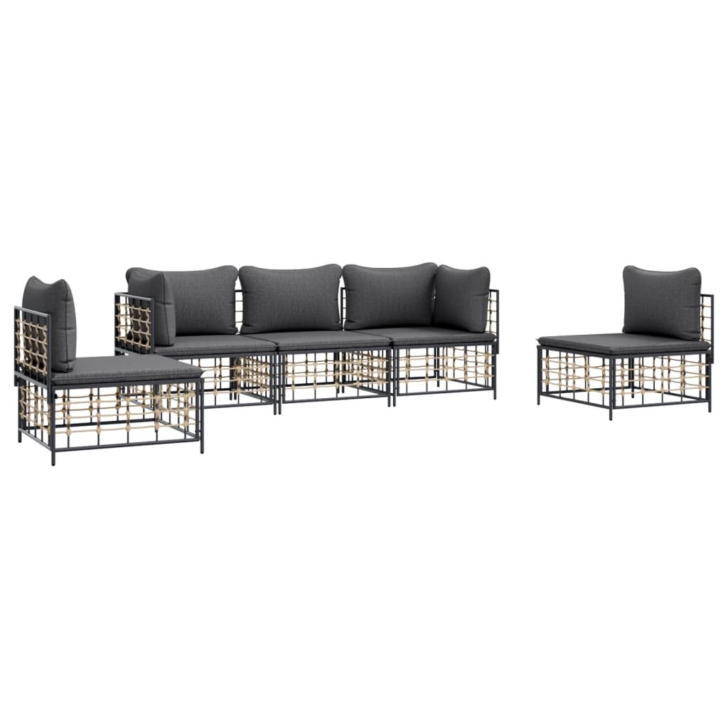5-Delige Loungeset Met Kussens Poly Rattan Antracietkleurig Donkergrijs 2x hoek + 3x midden