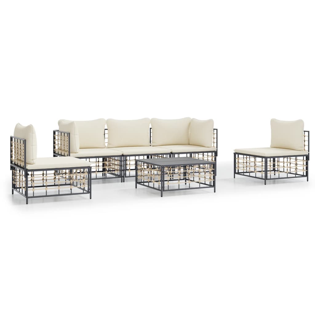 6-Delige Loungeset Met Kussens Poly Rattan Antracietkleurig Beige 2x hoek + 3x midden + Tafel