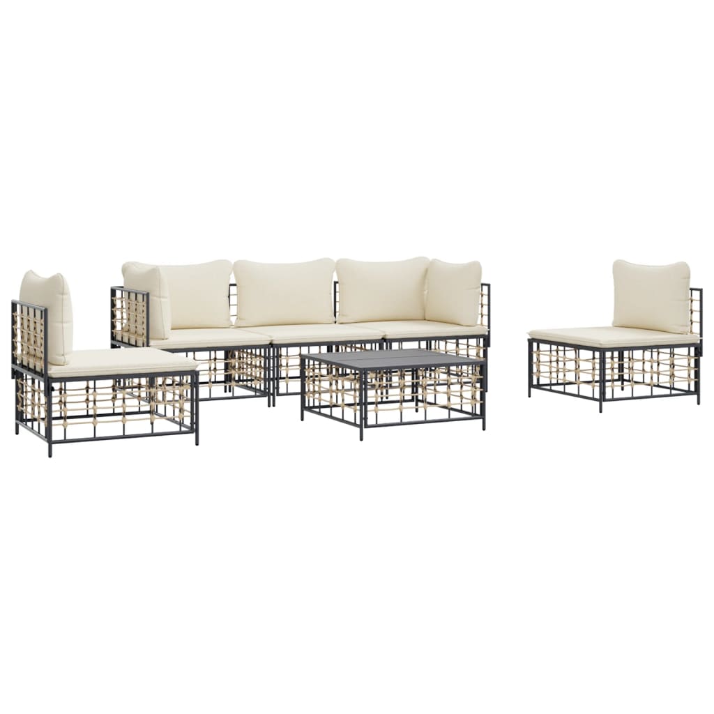 6-Delige Loungeset Met Kussens Poly Rattan Antracietkleurig Beige 2x hoek + 3x midden + Tafel