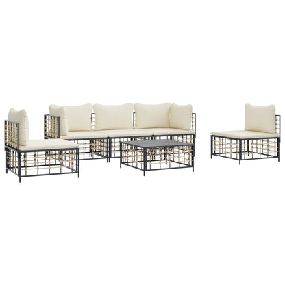 6-Delige Loungeset Met Kussens Poly Rattan Antracietkleurig Beige 2x hoek + 3x midden + Tafel