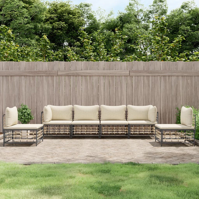 6-Delige Loungeset Met Kussens Poly Rattan Antracietkleurig Beige 2x hoek + 4x midden