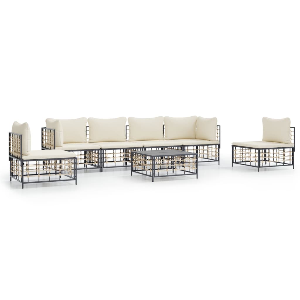 7-Delige Loungeset Met Kussens Poly Rattan Antracietkleurig Beige 2x hoek + 4x midden + Tafel