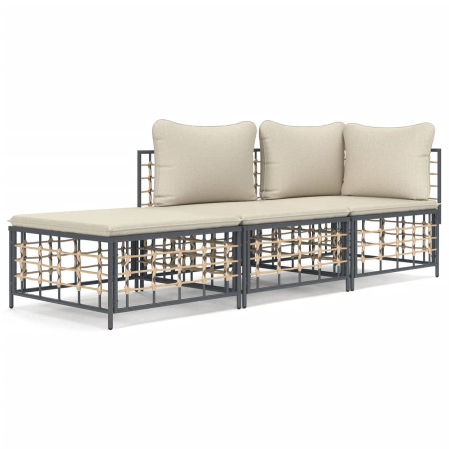 3-Delige Loungeset Met Kussens Poly Rattan Antracietkleurig Beige hoek + midden + voetensteun