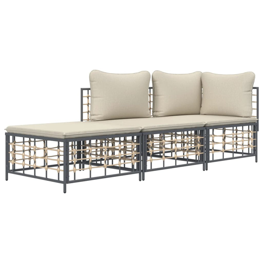 3-Delige Loungeset Met Kussens Poly Rattan Antracietkleurig Beige hoek + midden + voetensteun