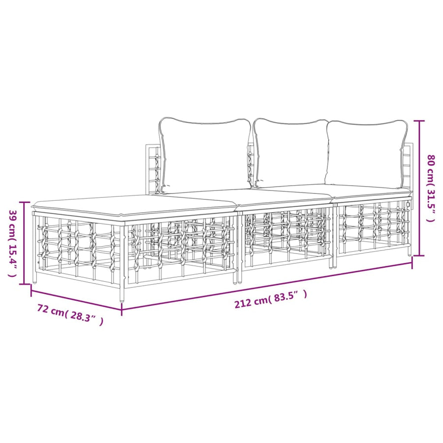 3-Delige Loungeset Met Kussens Poly Rattan Antracietkleurig Beige hoek + midden + voetensteun