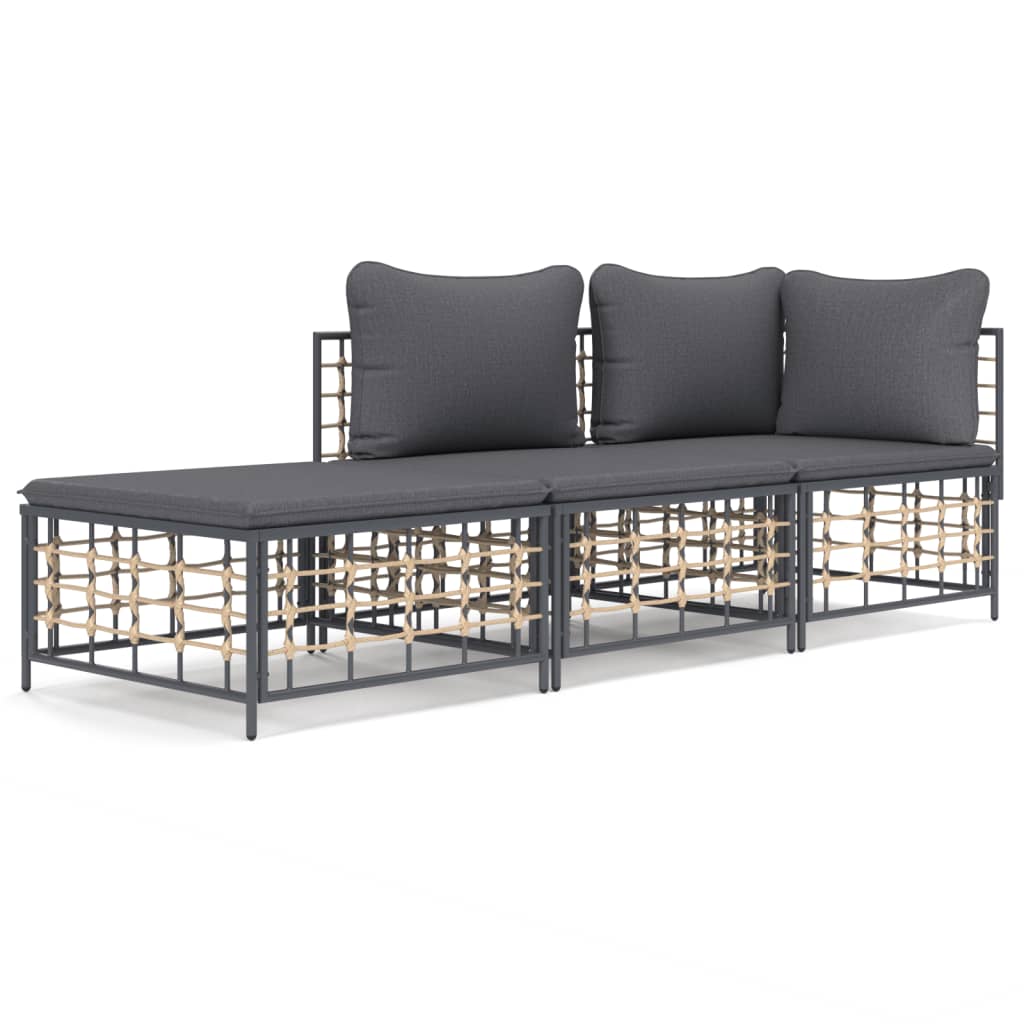 3-Delige Loungeset Met Kussens Poly Rattan Antracietkleurig Donkergrijs hoek + midden + voetensteun