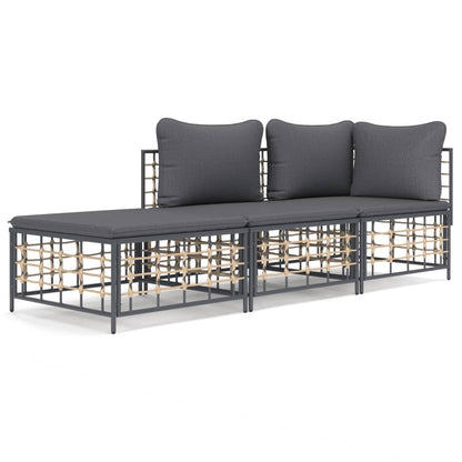 3-Delige Loungeset Met Kussens Poly Rattan Antracietkleurig Donkergrijs hoek + midden + voetensteun