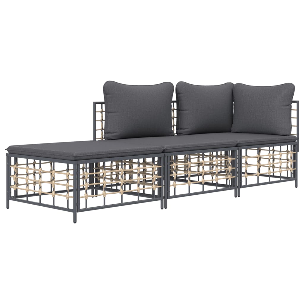 3-Delige Loungeset Met Kussens Poly Rattan Antracietkleurig Donkergrijs hoek + midden + voetensteun
