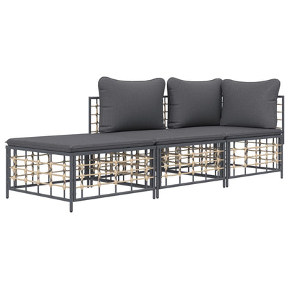 3-Delige Loungeset Met Kussens Poly Rattan Antracietkleurig Donkergrijs hoek + midden + voetensteun