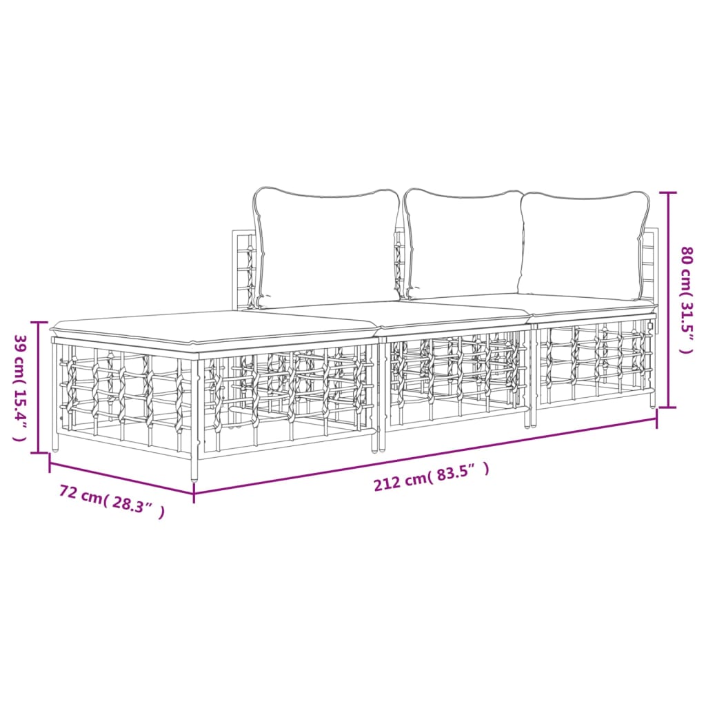 3-Delige Loungeset Met Kussens Poly Rattan Antracietkleurig Donkergrijs hoek + midden + voetensteun