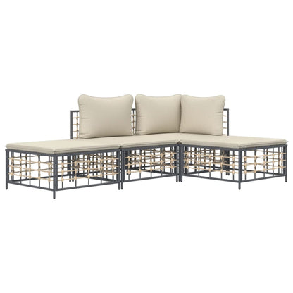 4-Delige Loungeset Met Kussens Poly Rattan Antracietkleurig Beige hoek + midden + 2x voetensteun