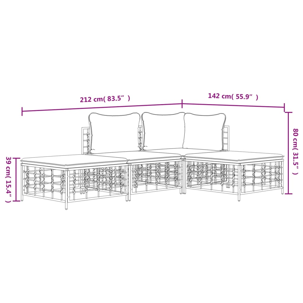 4-Delige Loungeset Met Kussens Poly Rattan Antracietkleurig Beige hoek + midden + 2x voetensteun