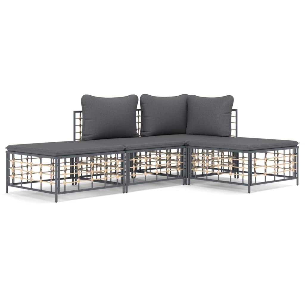 4-Delige Loungeset Met Kussens Poly Rattan Antracietkleurig Donkergrijs hoek + midden + 2x voetensteun