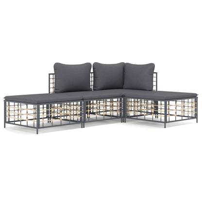 4-Delige Loungeset Met Kussens Poly Rattan Antracietkleurig Donkergrijs hoek + midden + 2x voetensteun