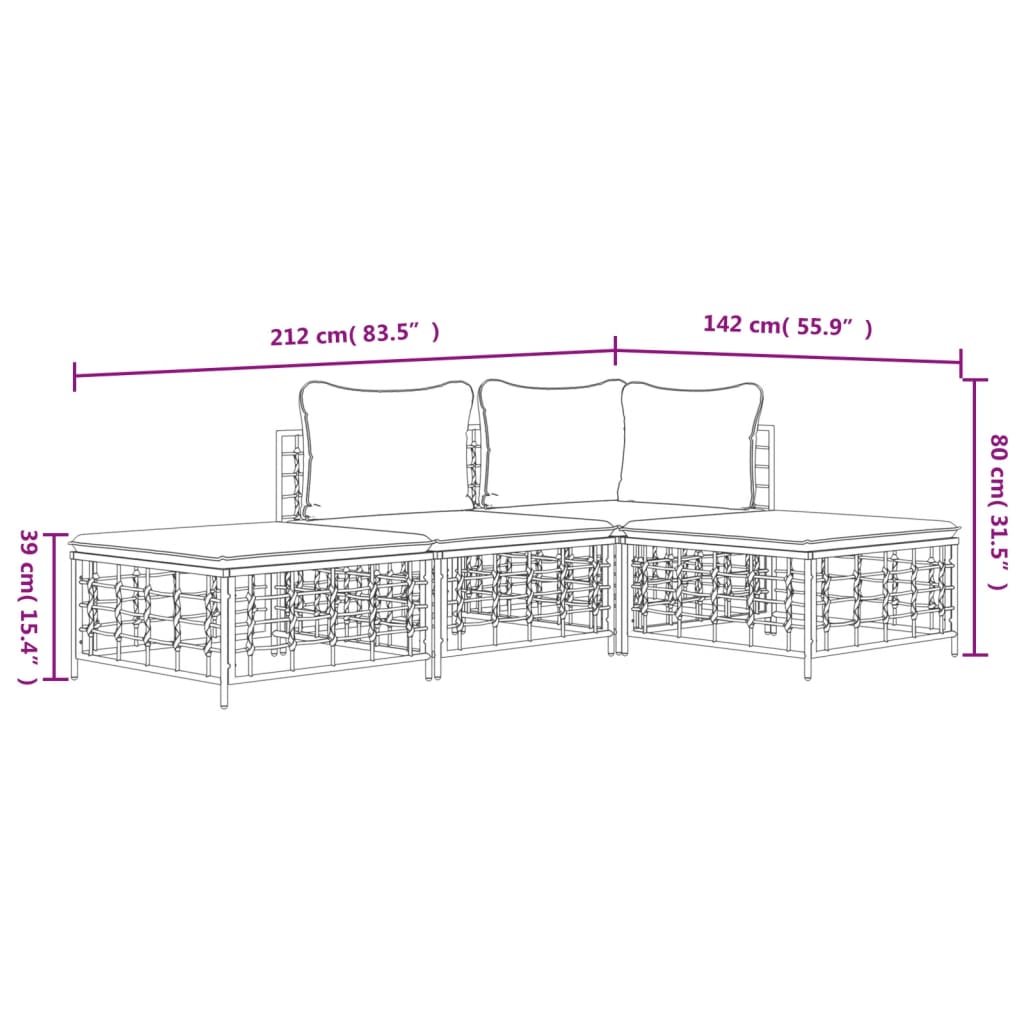 4-Delige Loungeset Met Kussens Poly Rattan Antracietkleurig Donkergrijs hoek + midden + 2x voetensteun
