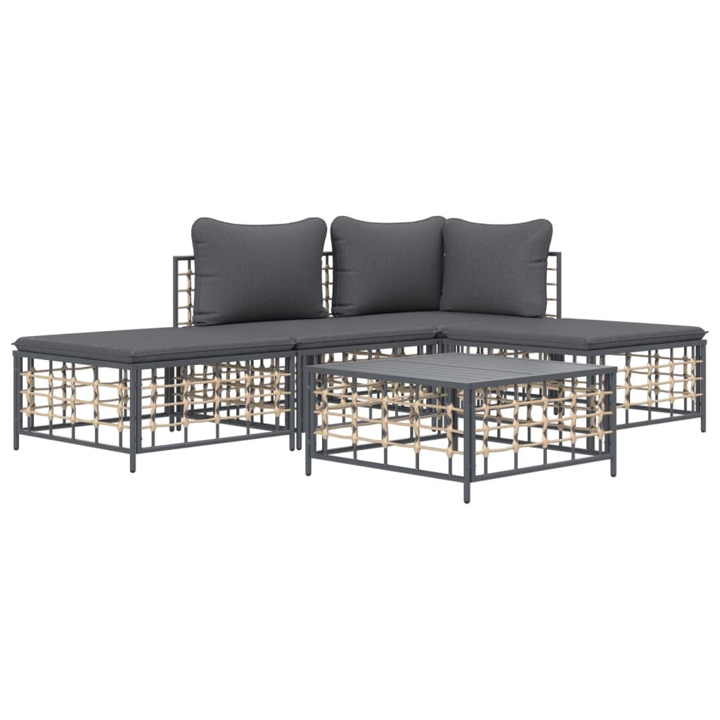 5-Delige Loungeset Met Kussens Poly Rattan Antracietkleurig Donkergrijs hoek + midden + 2x voetensteun + Tafel