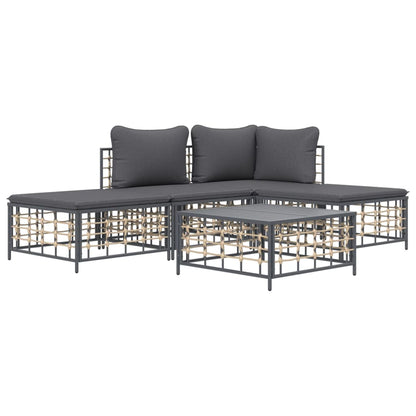 5-Delige Loungeset Met Kussens Poly Rattan Antracietkleurig Donkergrijs hoek + midden + 2x voetensteun + Tafel