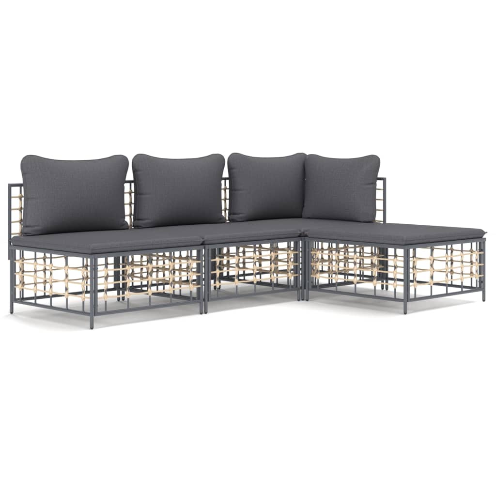 4-Delige Loungeset Met Kussens Poly Rattan Antracietkleurig Donkergrijs hoek + 2x midden + voetensteun