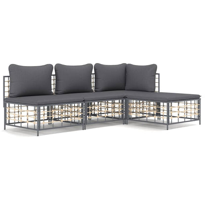4-Delige Loungeset Met Kussens Poly Rattan Antracietkleurig Donkergrijs hoek + 2x midden + voetensteun