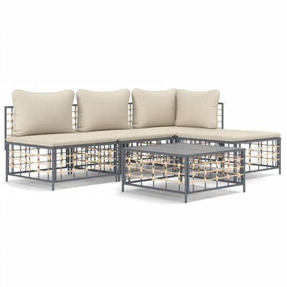 5-Delige Loungeset Met Kussens Poly Rattan Antracietkleurig Beige hoek + 2x midden + voetensteun + Tafel