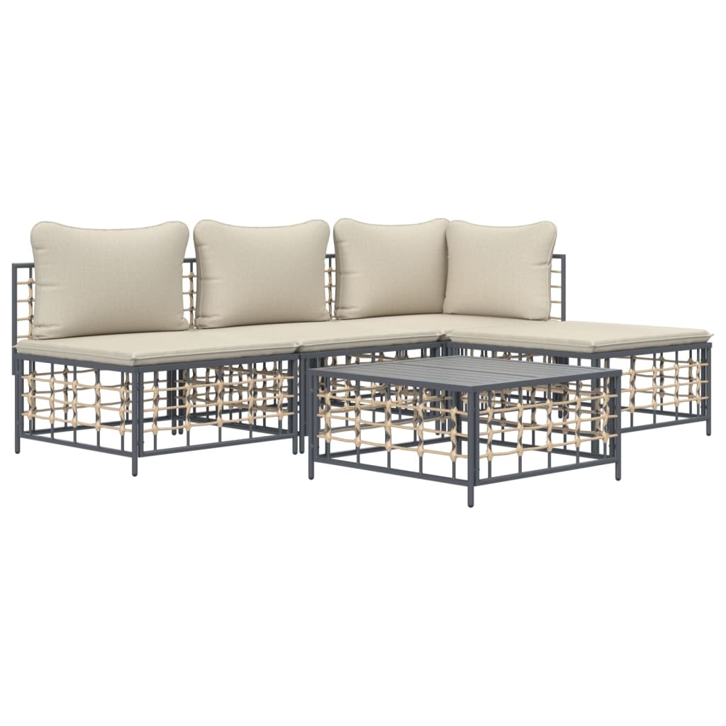 5-Delige Loungeset Met Kussens Poly Rattan Antracietkleurig Beige hoek + 2x midden + voetensteun + Tafel