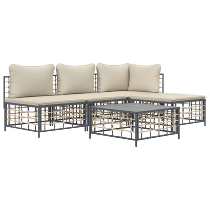5-Delige Loungeset Met Kussens Poly Rattan Antracietkleurig Beige hoek + 2x midden + voetensteun + Tafel