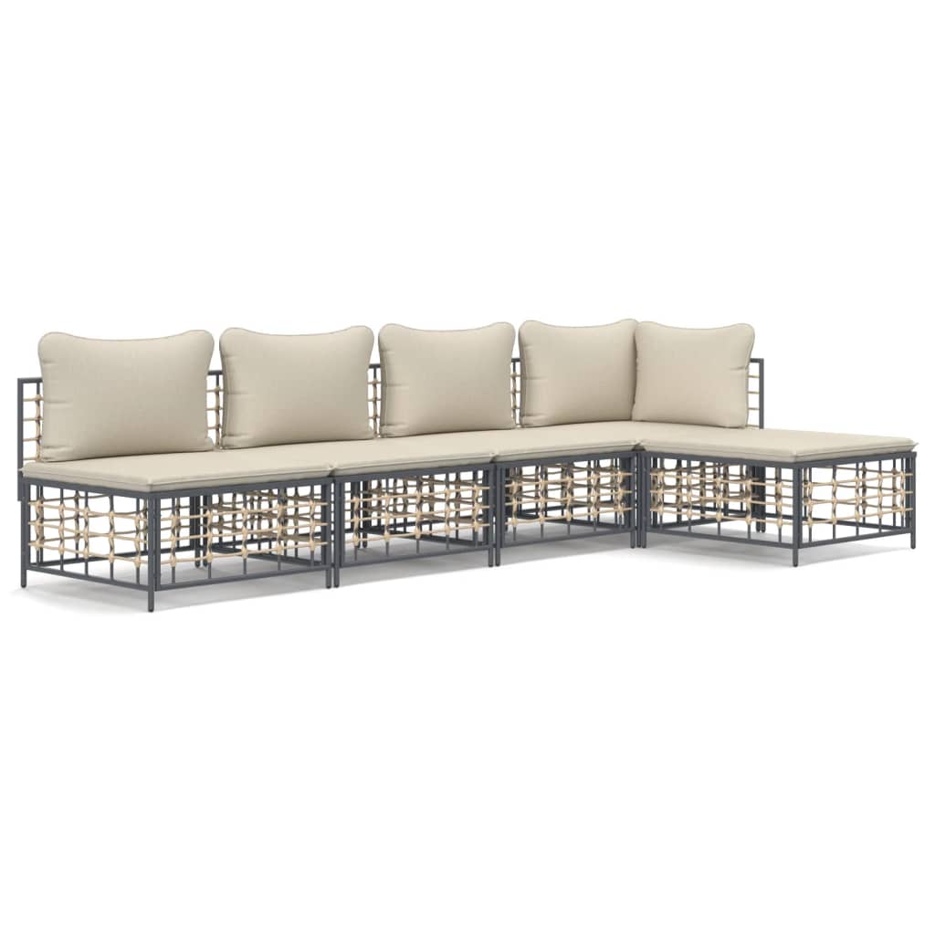 5-Delige Loungeset Met Kussens Poly Rattan Antracietkleurig Beige hoek + 3x midden + voetensteun