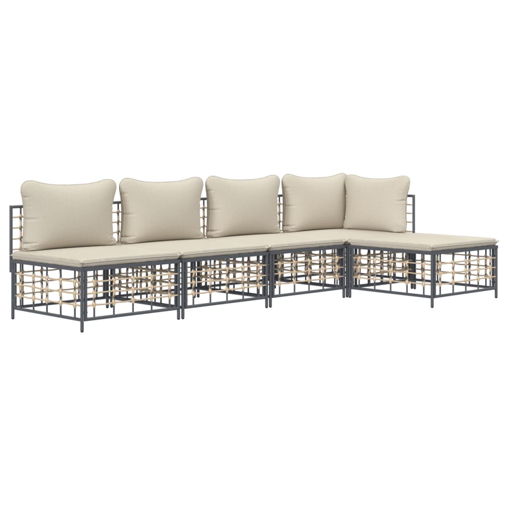 5-Delige Loungeset Met Kussens Poly Rattan Antracietkleurig Beige hoek + 3x midden + voetensteun