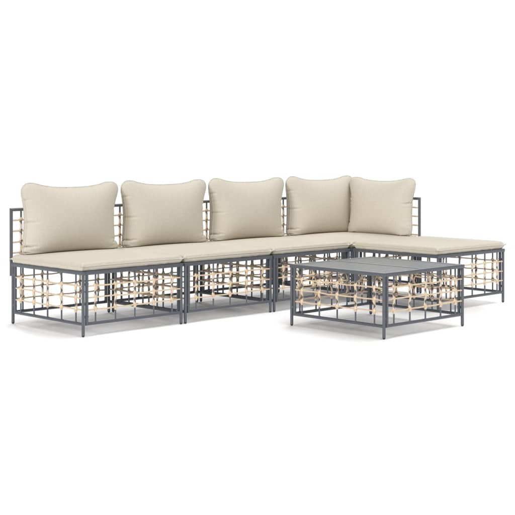 6-Delige Loungeset Met Kussens Poly Rattan Antracietkleurig Beige hoek + 3x midden + voetensteun + Tafel