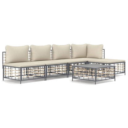 6-Delige Loungeset Met Kussens Poly Rattan Antracietkleurig Beige hoek + 3x midden + voetensteun + Tafel