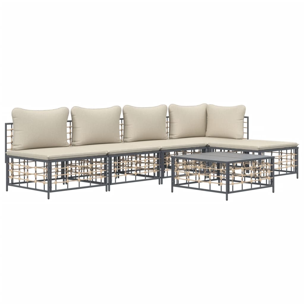 6-Delige Loungeset Met Kussens Poly Rattan Antracietkleurig Beige hoek + 3x midden + voetensteun + Tafel