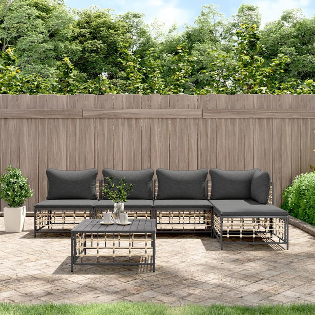 6-Delige Loungeset Met Kussens Poly Rattan Antracietkleurig Donkergrijs hoek + 3x midden + voetensteun + Tafel