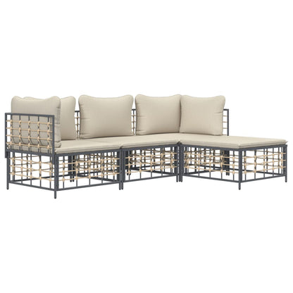 4-Delige Loungeset Met Kussens Poly Rattan Antracietkleurig Beige 2x hoek + midden + voetensteun