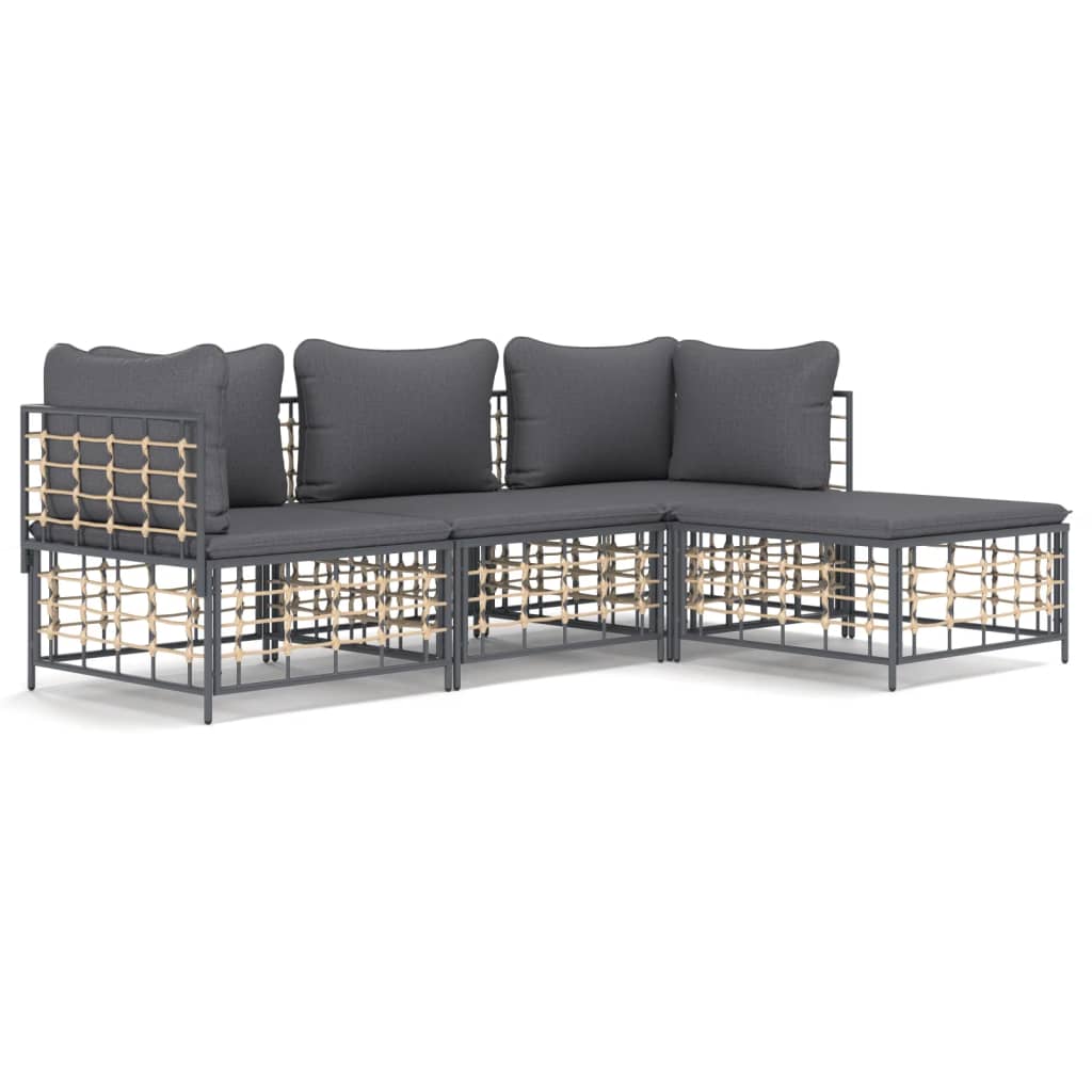 4-Delige Loungeset Met Kussens Poly Rattan Antracietkleurig Donkergrijs 2x hoek + midden + voetensteun
