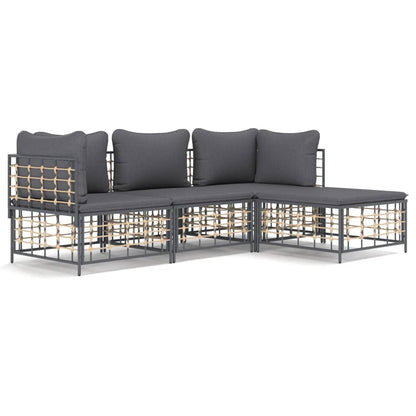 4-Delige Loungeset Met Kussens Poly Rattan Antracietkleurig Donkergrijs 2x hoek + midden + voetensteun