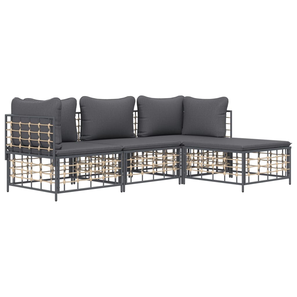 4-Delige Loungeset Met Kussens Poly Rattan Antracietkleurig Donkergrijs 2x hoek + midden + voetensteun
