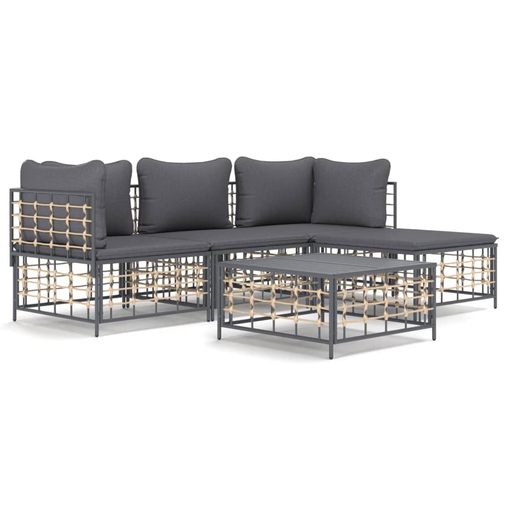 4-Delige Loungeset Met Kussens Poly Rattan Antracietkleurig Donkergrijs 2x hoek + midden + voetensteun + Tafel