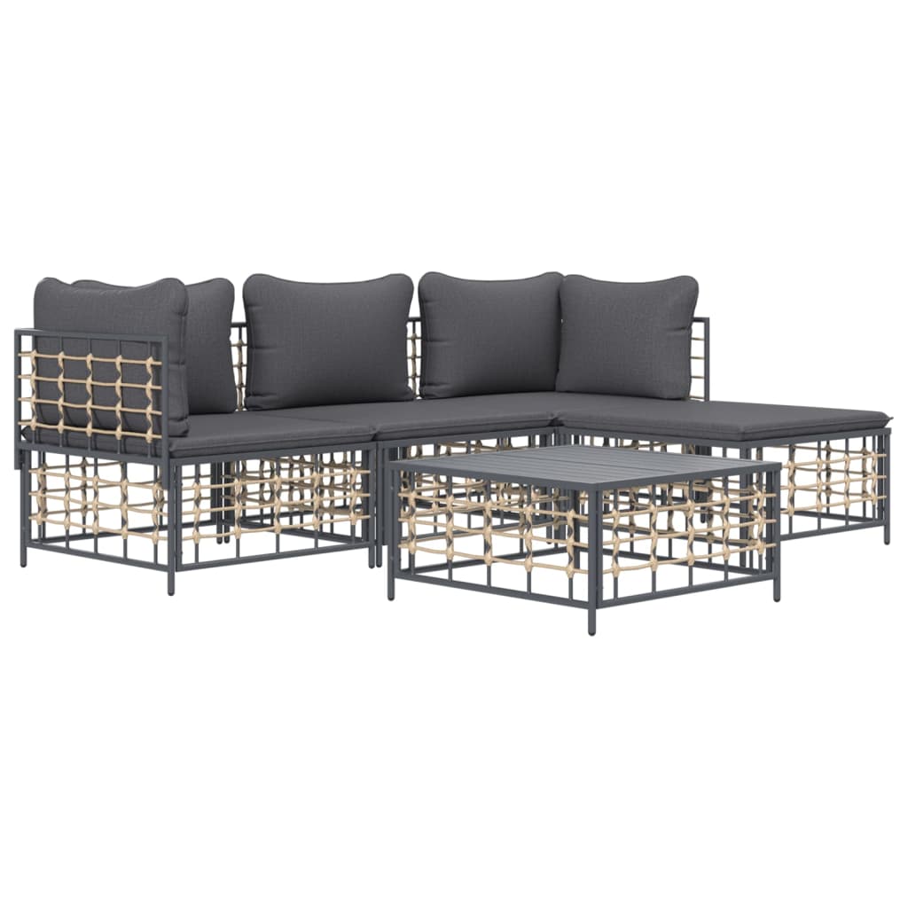 4-Delige Loungeset Met Kussens Poly Rattan Antracietkleurig Donkergrijs 2x hoek + midden + voetensteun + Tafel