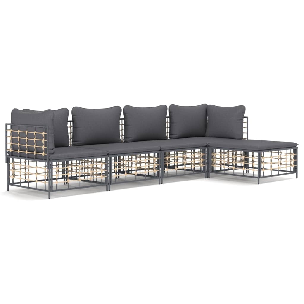 5-Delige Loungeset Met Kussens Poly Rattan Antracietkleurig Donkergrijs 2x hoek + 2x midden + voetensteun