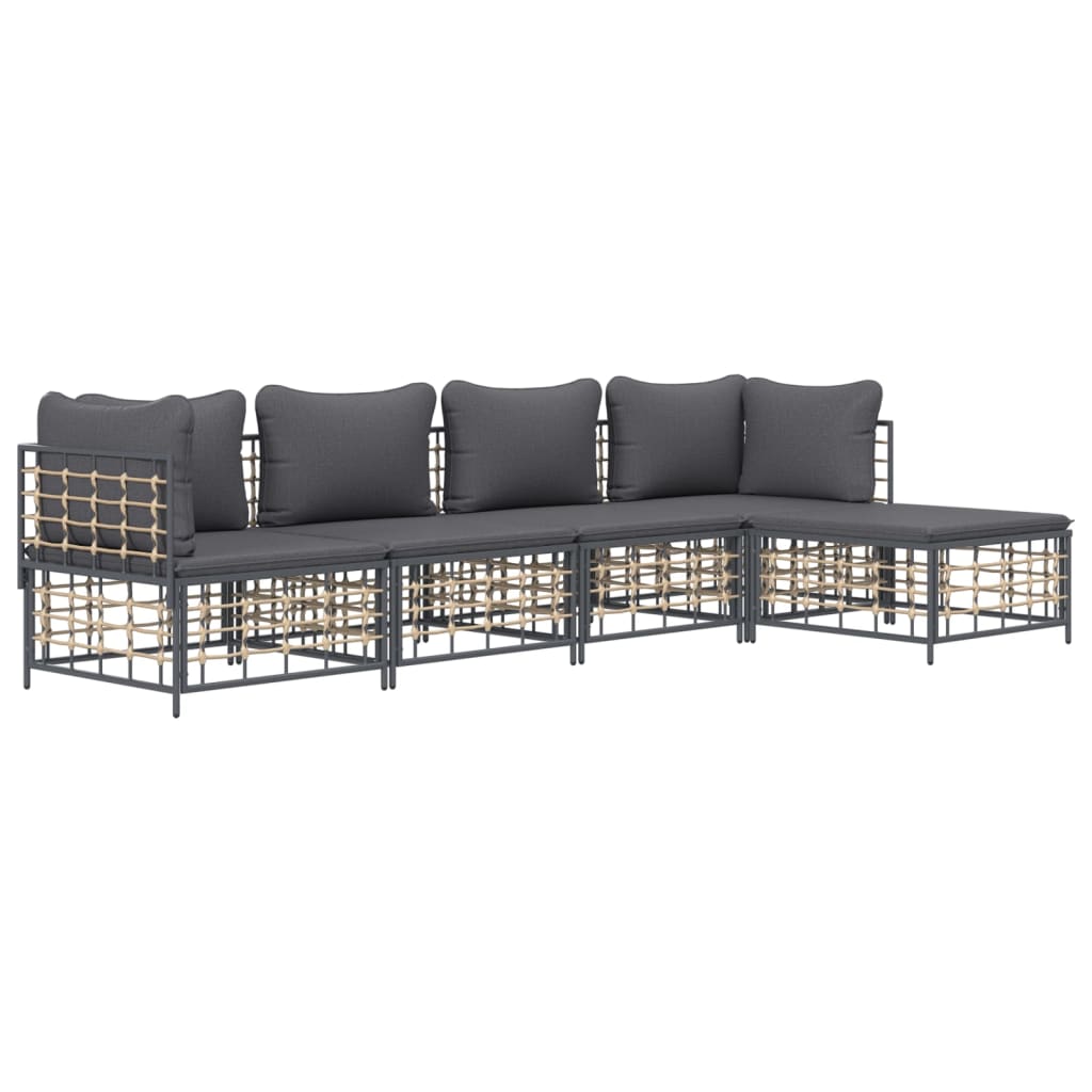 5-Delige Loungeset Met Kussens Poly Rattan Antracietkleurig Donkergrijs 2x hoek + 2x midden + voetensteun