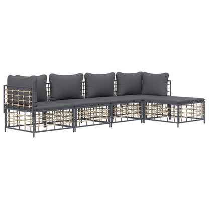 5-Delige Loungeset Met Kussens Poly Rattan Antracietkleurig Donkergrijs 2x hoek + 2x midden + voetensteun