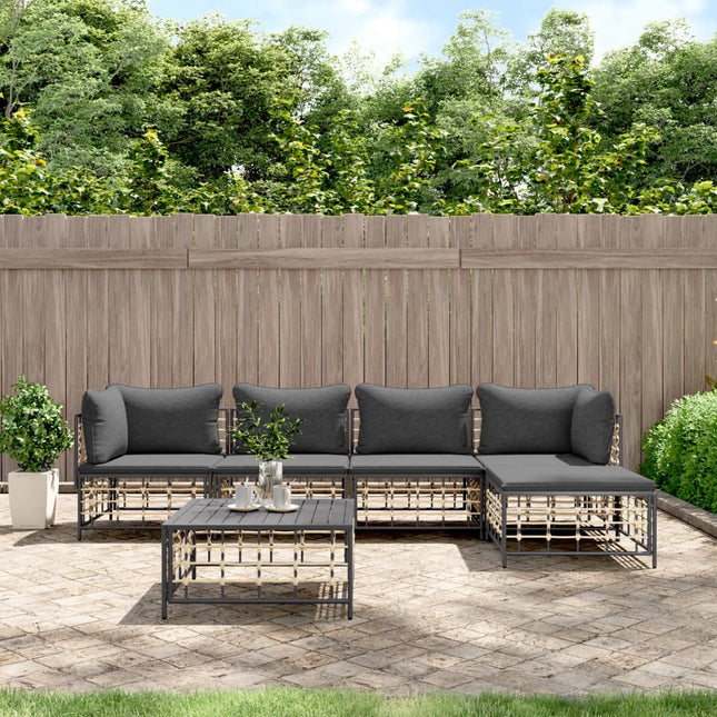 6-Delige Loungeset Met Kussens Poly Rattan Antracietkleurig Donkergrijs 2x hoek + 2x midden + voetensteun + Tafel