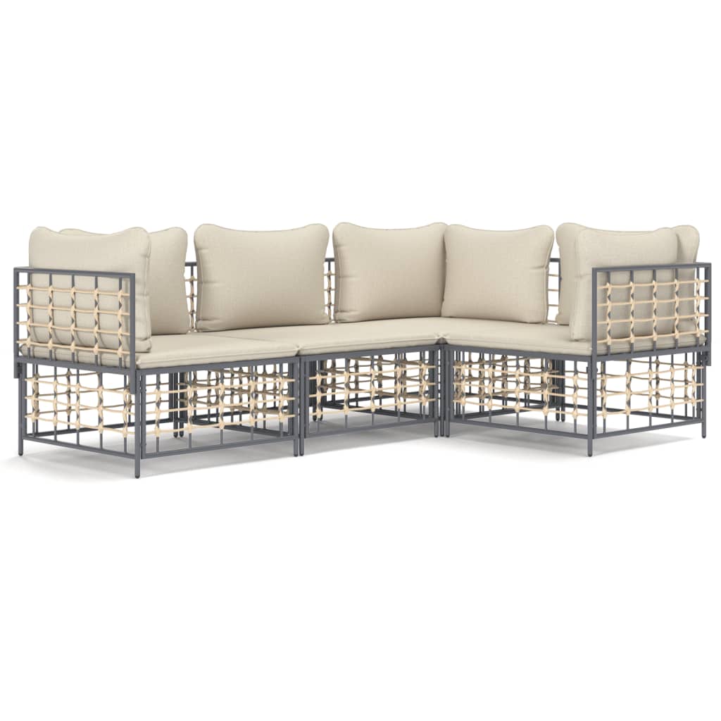 4-Delige Loungeset Met Kussens Poly Rattan Antracietkleurig Beige 3x hoek + midden