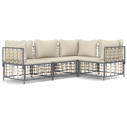 4-Delige Loungeset Met Kussens Poly Rattan Antracietkleurig Beige 3x hoek + midden
