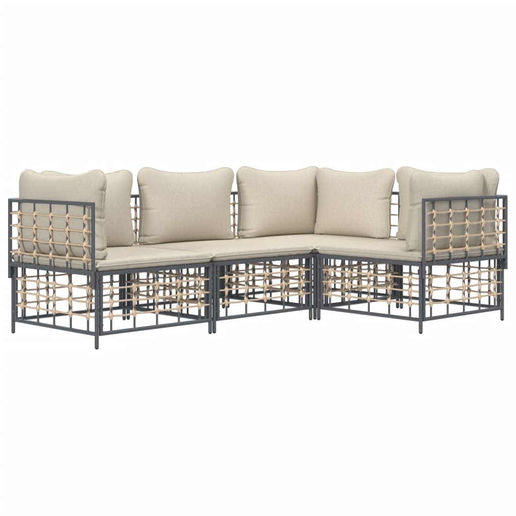 4-Delige Loungeset Met Kussens Poly Rattan Antracietkleurig Beige 3x hoek + midden